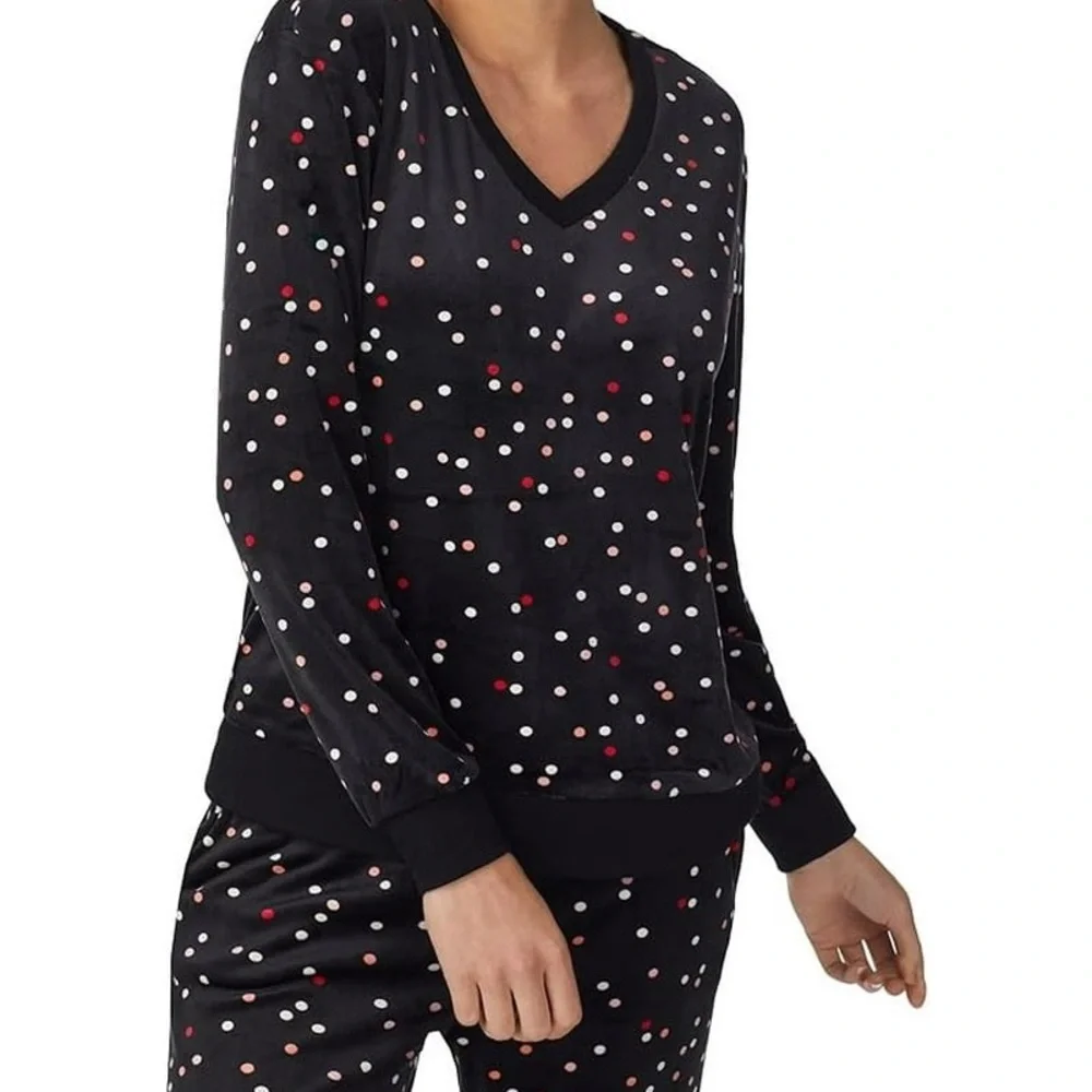 Kate Spade New York Pajamas Womens Medium Black & Red Polka Dot Velour Knit - Picture 2 of 3